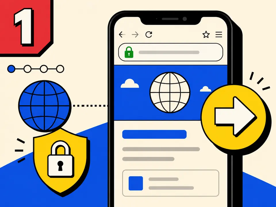 Neo-brutalist illustration showing a secure mobile browser for opening the official TM SIM registration portal