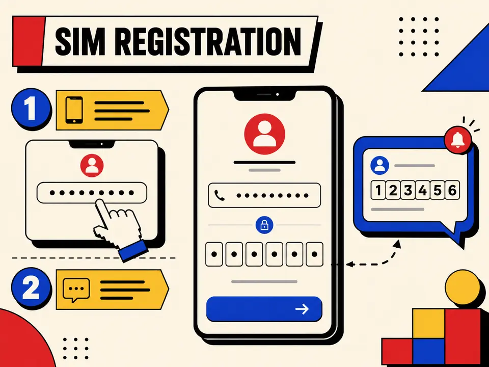 Neo-brutalist illustration showing TM mobile number entry and six-digit OTP verification