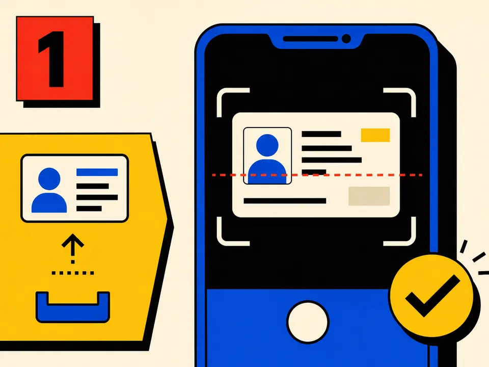 Neo-brutalist illustration showing a generic valid ID being scanned with a mobile phone