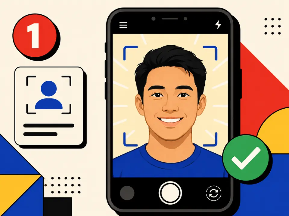 Neo-brutalist illustration showing a live selfie captured for TM SIM identity verification