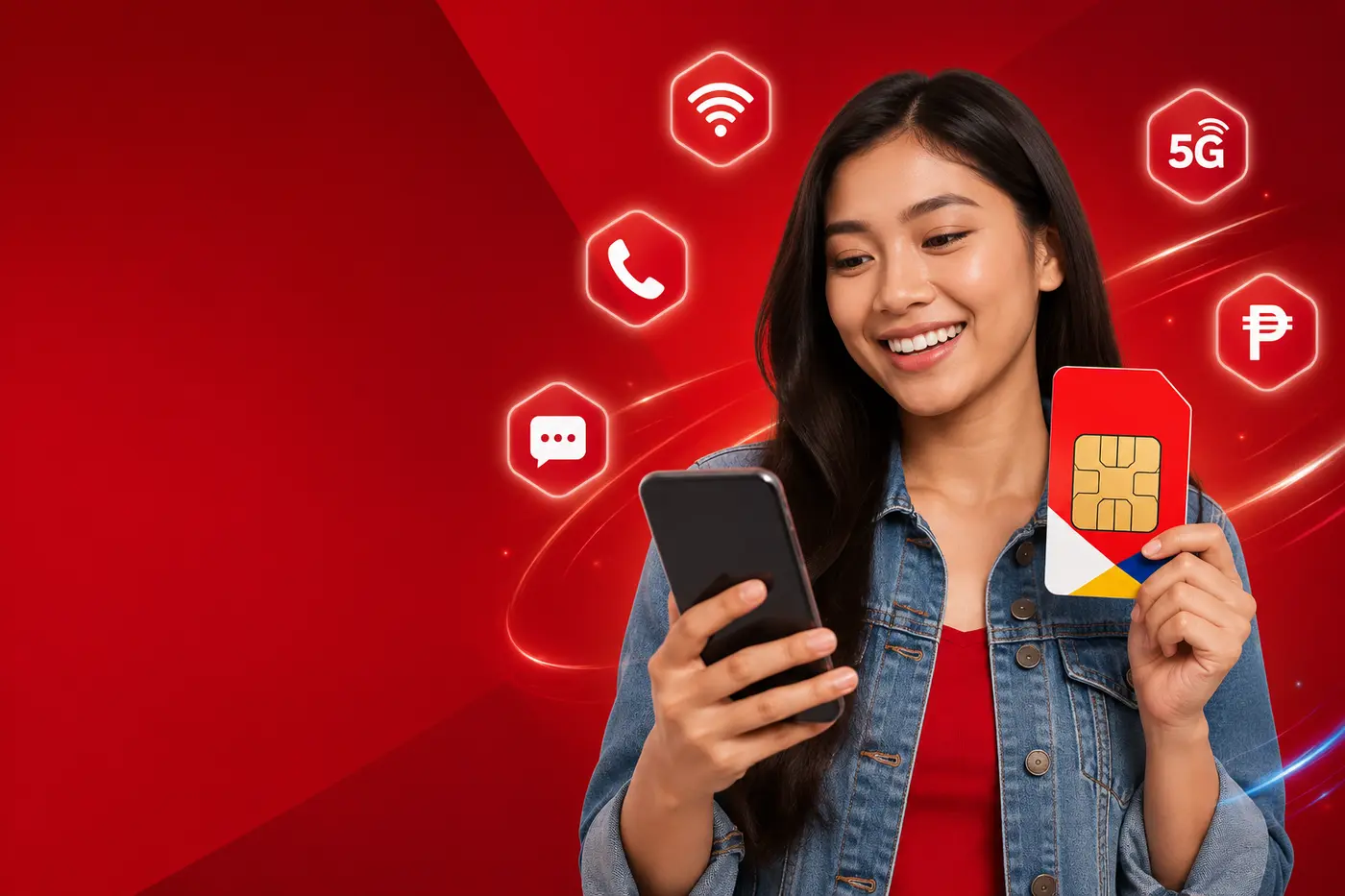 Filipino TM user viewing mobile data, call and text promo options on a smartphone